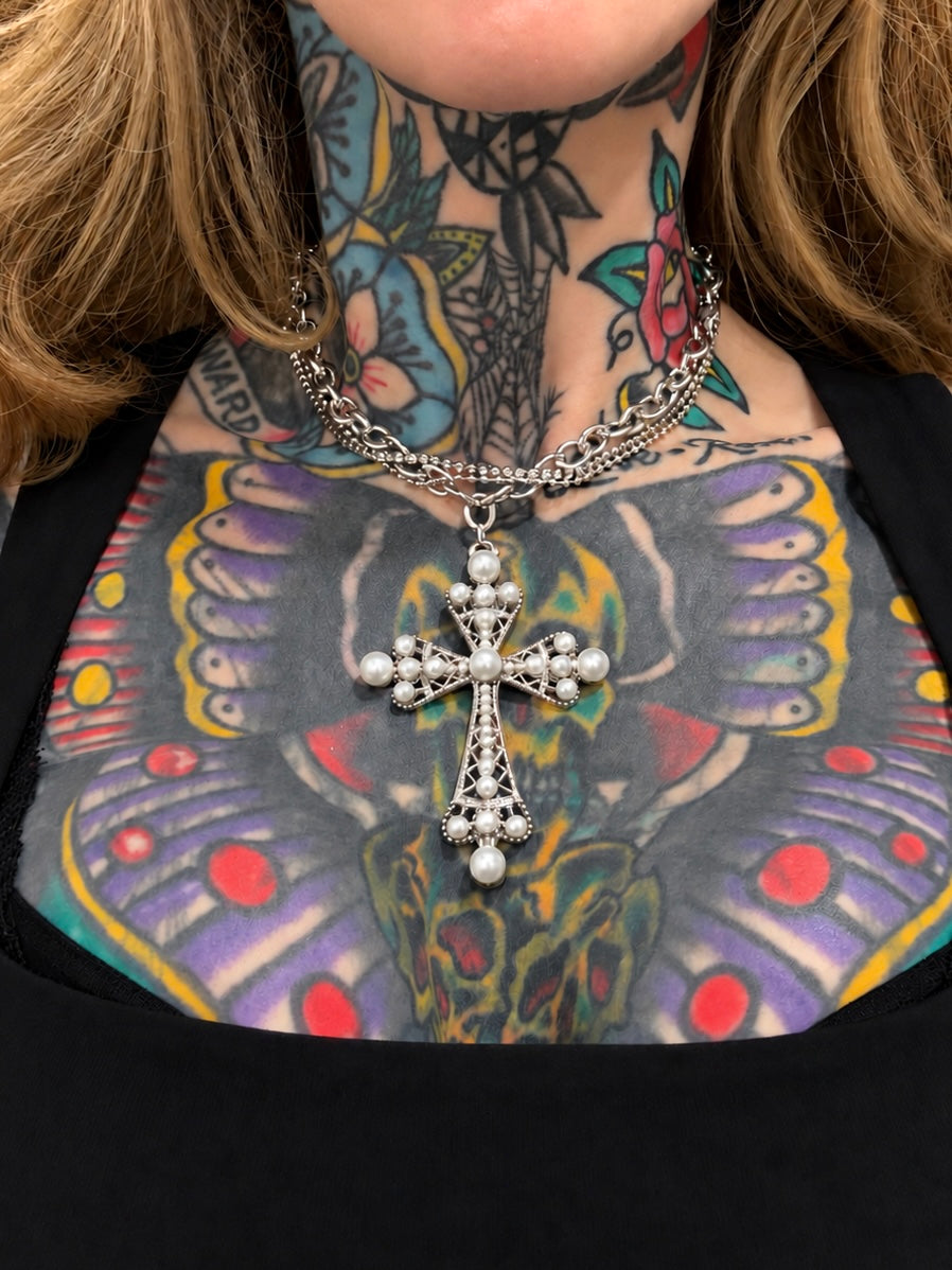 Holy Heart Pearl Cross Necklace