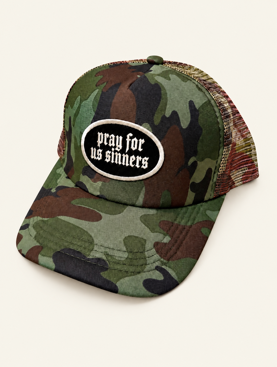 Pray For Us Sinners Camo Trucker Hat